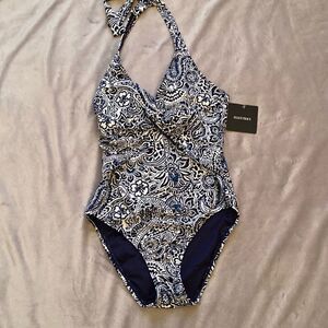 Ellen Tracy Womens Navy Blue Plunge Halter Neck Tie One-Piece Swimsuit Size 6